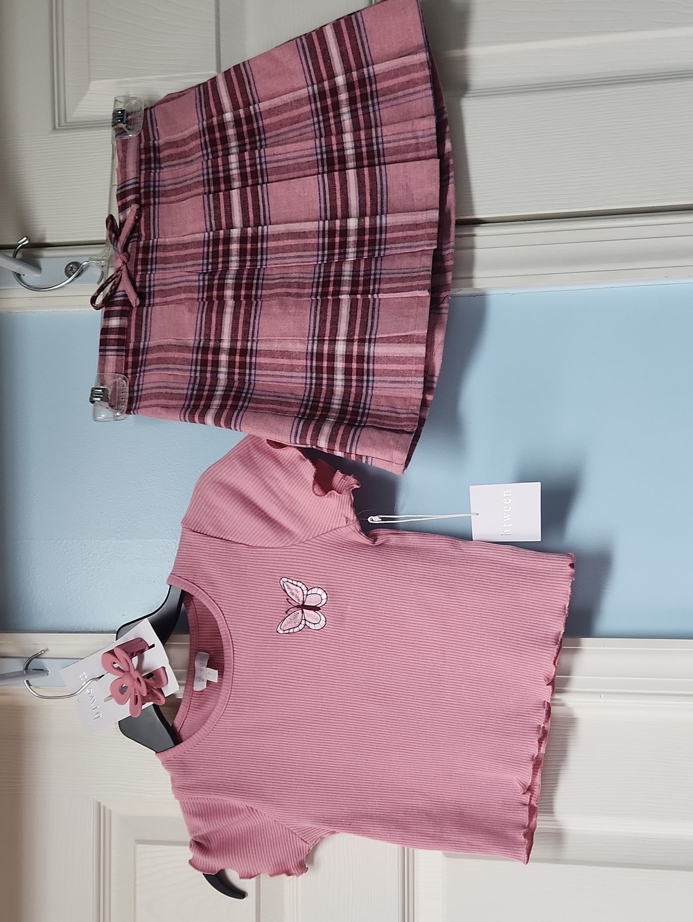 btween Pink Ribbed Butterfly Tee and Pink Plaid Skirt Set With Hair Accessory